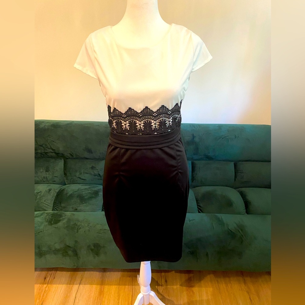 Black and white lace fitted cocktail dress